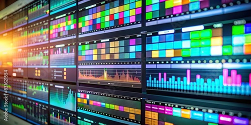 A professional video editing timeline with colorful graphics and tools