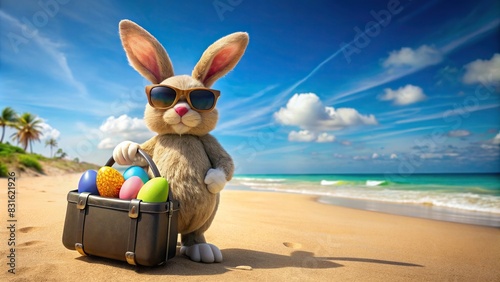 Easter Bunny in sunglasses and carrying a suitcase filled with Easter eggs on a sunny beach vacation