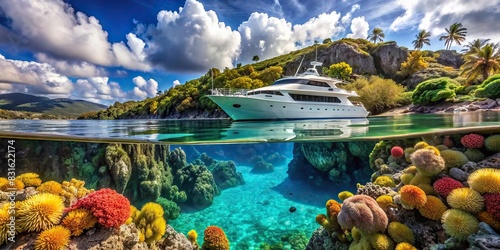 Underwater view of a luxurious yacht amidst vibrant coral reef in Seychelles