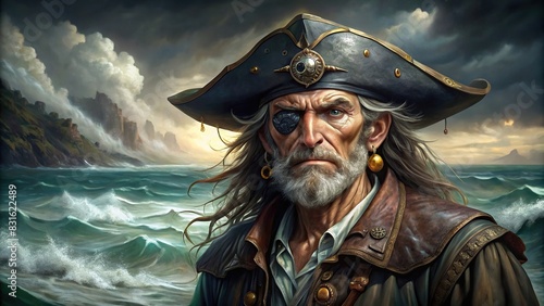 Digital painting of a weathered pirate portrait with eye patch and tricorn hat against a stormy seascape background