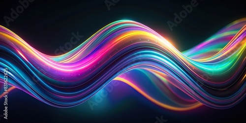 Abstract dark holographic iridescent neon background with curved wave in motion