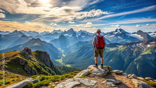 Lone hiker enjoying mountain panorama view