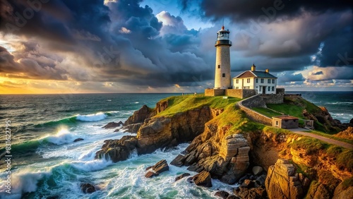 Lighthouse perched on rugged cliffs overlooking stormy sea