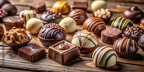 Close-up shot of a variety of gourmet chocolates on a wooden table
