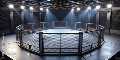 Octagonal podium fighting ring in empty UFC Fight Night arena