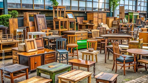 An assortment of secondhand furniture and building materials made from recycled resources