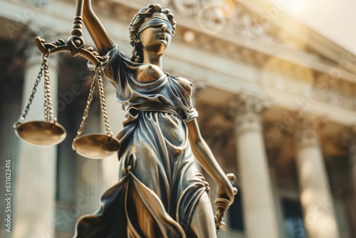 A statue of a woman with a blindfold on, holding scales, Themis or Lady Justice concept