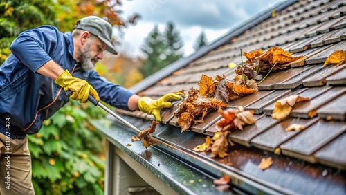 A worker cleaning clogged roof gutters during a rainy day