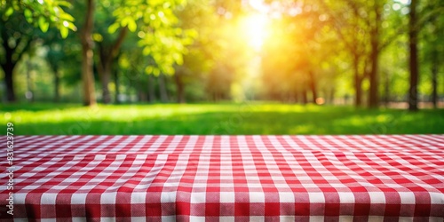 Close-up of red and white checkered picnic tablecloth with bokeh greenery in sunlit park