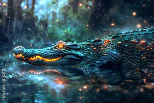A crocodile is swimming in a pond with glowing eyes