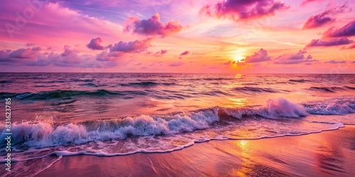 Pink ocean at sunset with shimmering waves and a serene atmosphere, showcasing a calm and harmonious setting