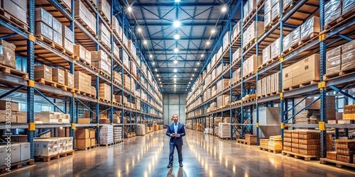A well-lit and clean warehouse interior with shelves and equipment, symbolizing a content factory manager at work