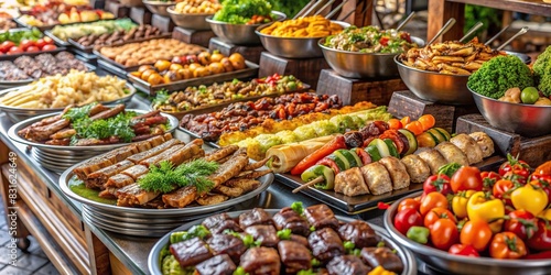 Buffet setup at an indoor event with a variety of grilled meats, vegetables, and street food