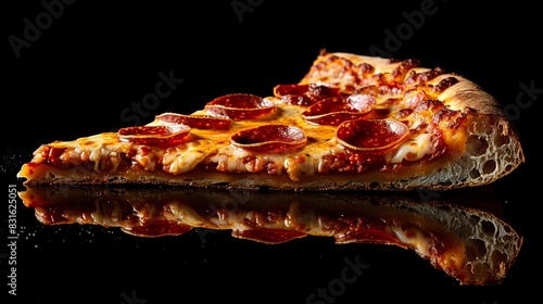 A slice of pepperoni pizza displayed on a black reflective background