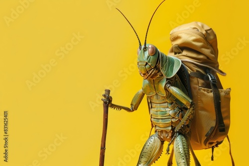 A locust wearing a hiking outfit with a backpack and walking stick, against a yellow background with copy space
