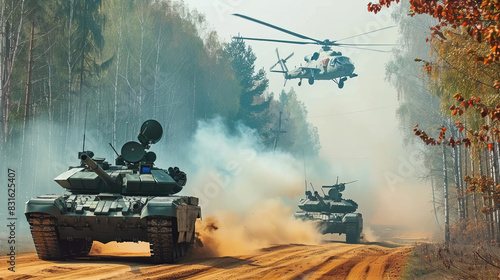 Military Tanks and Helicopter Performing Forest Maneuver with Smoke