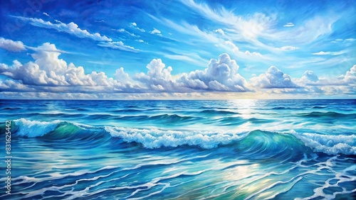 A detailed blue watercolor painting of a serene ocean with gentle waves and a clear sky