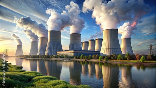 Midjourney render of a nuclear power plant with cooling towers and steam rising