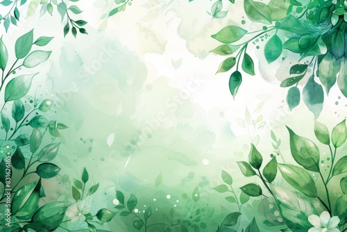 Watercolor painting of green leaves and flowers on white background