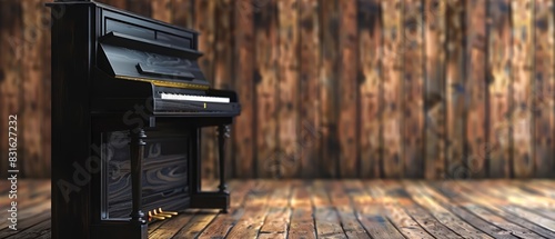 A single piano on a wooden background with a blurred backdrop suitable for advertising