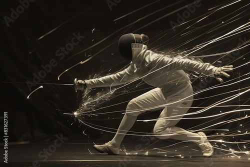 Fencer's lunge captured in a dynamic pose, leaving a trail of light in their wake.