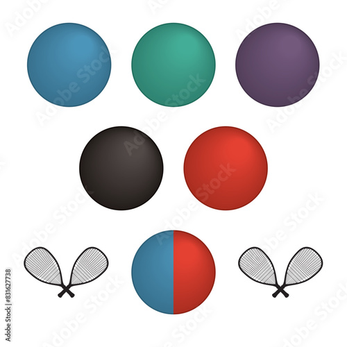 racquetball sport, set of six balls in different colours isolated on a white background