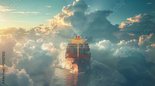 A digital cargo ship glides through a sea of clouds its deck stacked high with containers bearing the familiar cryptocurrency symbols promising endless opportunities for global trade.