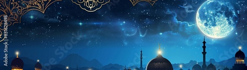 Ramadan Kareem background, elegant arabesque patterns, moonlight scene