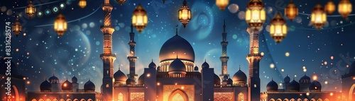 Ramadan Kareem card, elegant mosque with festive lanterns