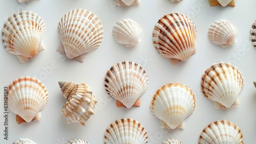 Various seashells arranged in orderly pattern on white background