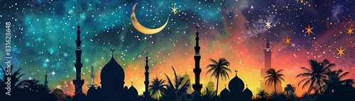 Ramadan Kareem card, mosque silhouette, starry night, peaceful vibes