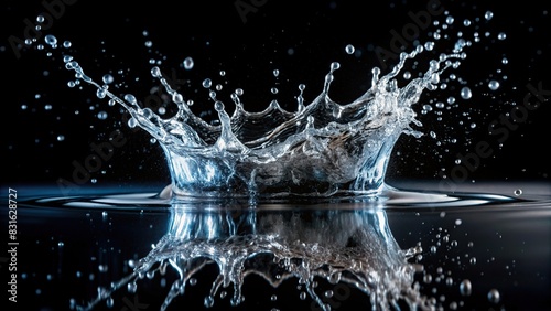Water splash on black backdrop with realistic details and high contrast