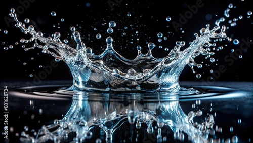 Water splash on black backdrop with realistic details and high contrast