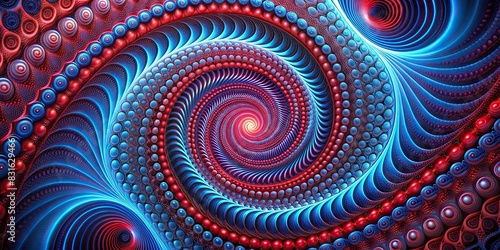Red and blue spiral pattern with circle orbit rotation on abstract background