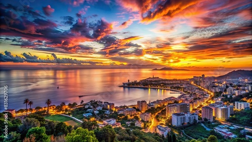 Stunning sunset over a coastal city, with a beautiful blend of city lights and natural colors