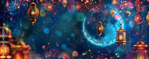 Vibrant Raya wallpaper, lanterns and crescent moon, festive lights