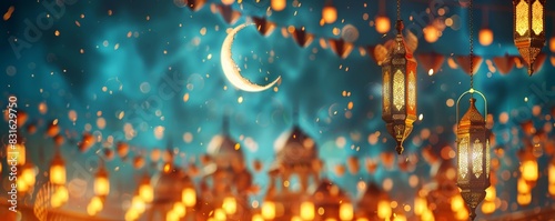 Vibrant Raya wallpaper, lanterns and crescent moon, festive lights