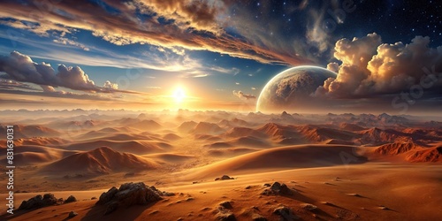 Mars landscape with clouds and sunrise over desert