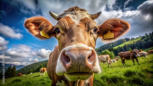 Close-up of a curious cow staring into the camera