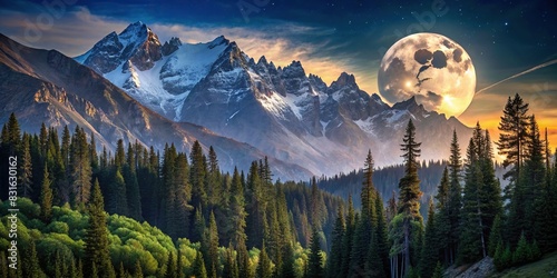 Moon illuminating dense forest nestled behind majestic mountains