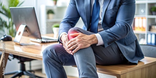 Close-up of businessman's knee with evident joint pain at desk