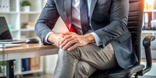 Close-up of businessman's knee with evident joint pain at desk