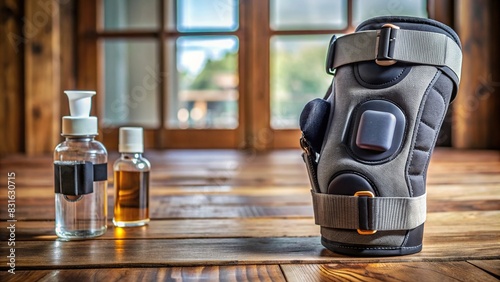 Close-up of a knee brace on a wooden floor with a bottle of pain reliever in the background