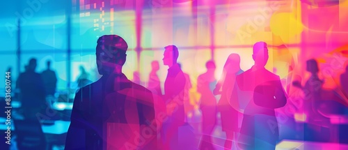 Business illustration of human resource management during an angel investment round for a C2C startup, rendered in synth wave styles with a blurry background of an office setting