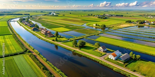 Aerial view of Dutch landscape with canals, polder water, green fields, and farmhouses from above in Holland, Netherlands