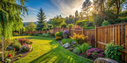 A serene backyard scene with a wooden fence blending into the natural landscape