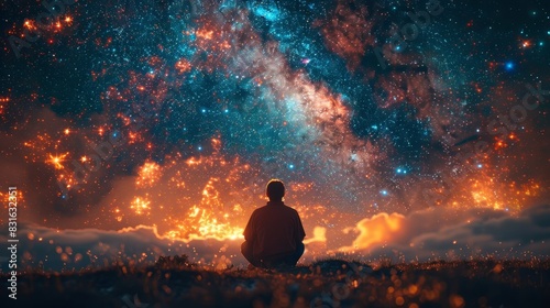 a man sitting in the middle of a field looking at the stars