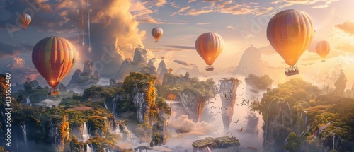 Frame mockup, a whimsical scene of hot air balloons drifting over a fantastical landscape with floating islands and waterfalls, sparking the imagination