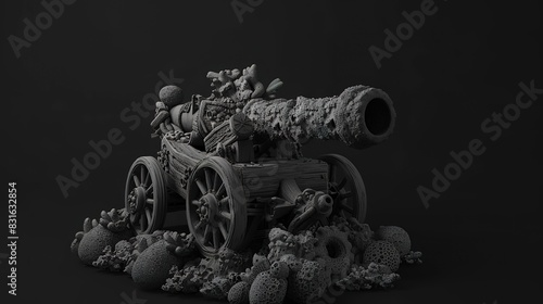Coral-encrusted cannon flat design front view, pirate adventures, 3D render, black and white 