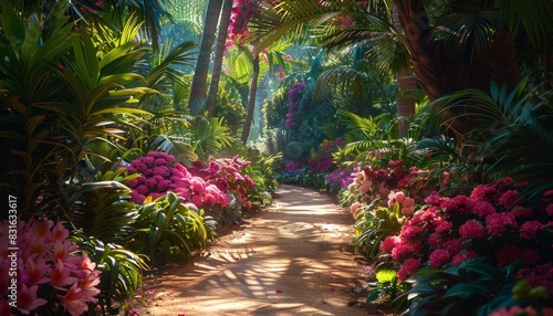 Lush botanical garden with vibrant flowers, towering palms, and winding paths, bathed in dappled sunlight